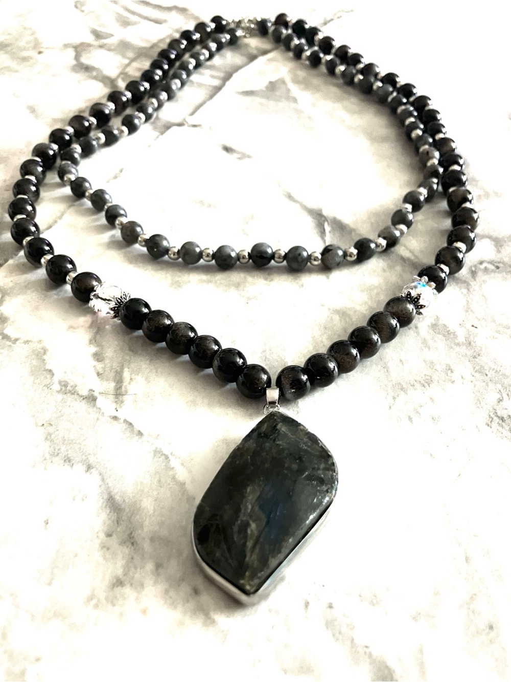 Natural Labradorite Pendant Necklace - Gray Beaded Women’s Jewelry